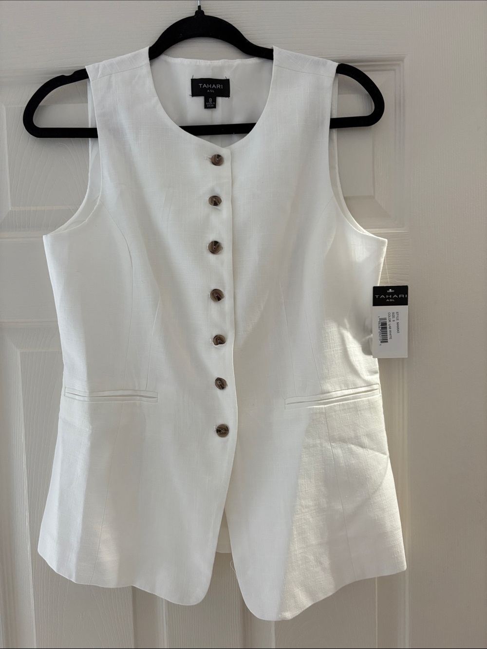 Tahari White Sleeveless Button Vest with Notch Front